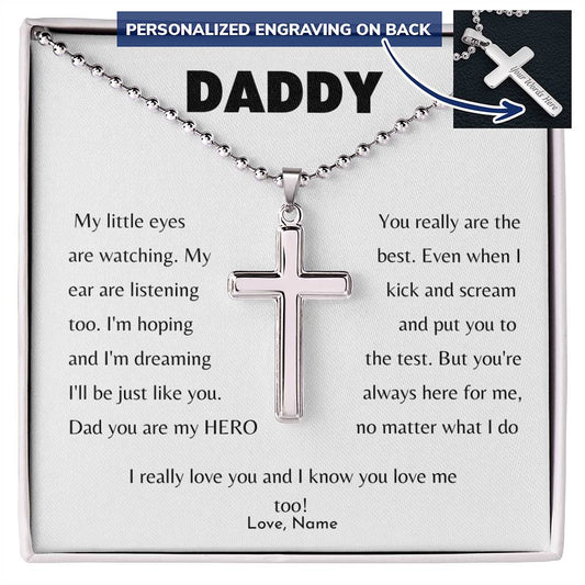 Daddy / My Hero / Personalized Cross with Military Ball Chain / Personalized Message Card