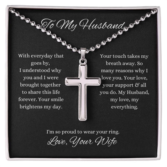 To My Husband / Love, Your Wife / Steel Cross on Ball Chain
