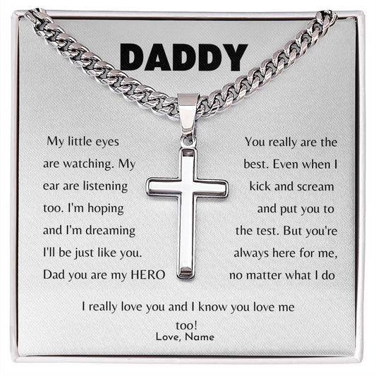 Daddy / My Hero / Chain Link Chain with Personalized Artisan Cross / Personalized Message Card