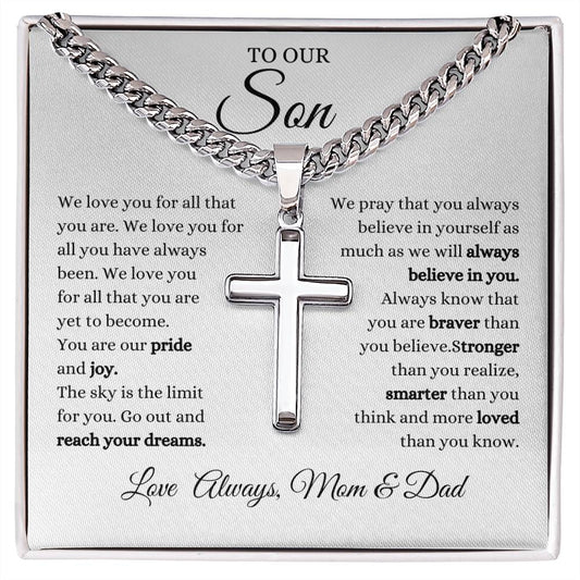 Our Son / Love, Mom & Dad / Cuban Link with Artisan Cross Necklace with Personalization