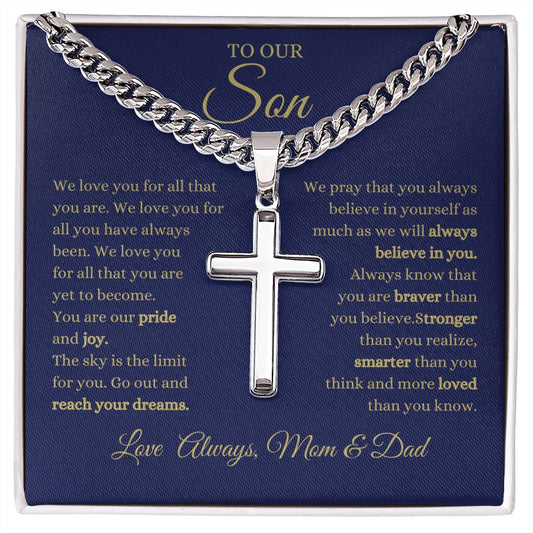 To Our Son / Love, Mom & Dad / Cuban Link with Artisan Cross Necklace with Personalization