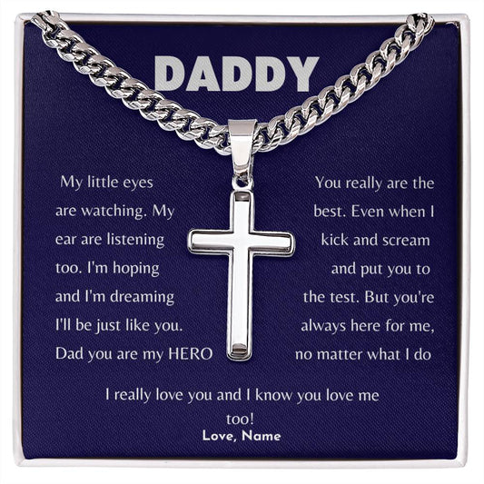 Daddy / My Hero / Cuban Link Chain with Personalized Artisan Cross / Personalized Message Card