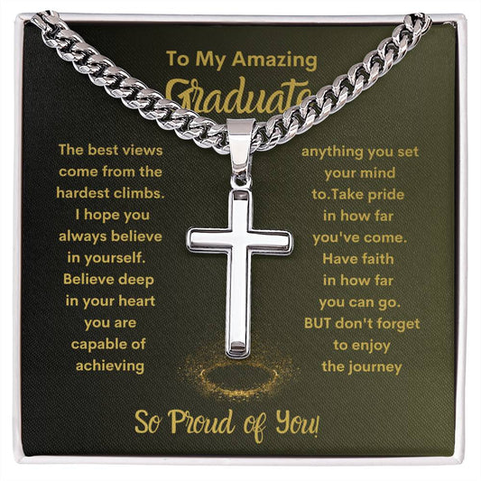 Graduation Gift for Him / Cuban Link Chain with Personalized Artisan Cross