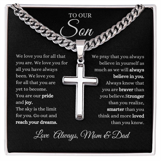 To Our Son / Love, Mom & Dad / Cuban Chain with Artisan Cross Necklace with Personalization