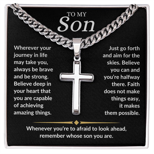 To My Son / Cuban Chain with Artisan Cross Necklace with Personalization