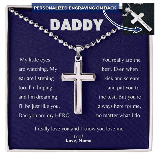 Daddy / My Hero / Personalized Cross Necklace with Military Ball Chain / Personalized Message Card