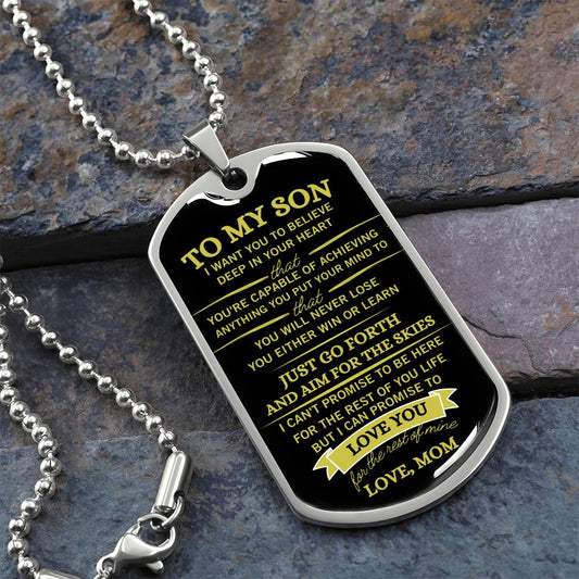 To My Son / Aim for the Skies / Love, Mom / Military Dog Tag Necklace