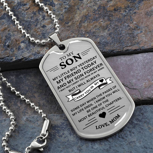 To My Son / Carry You in my Heart / Love, Mom / Military Dog Tag Necklace