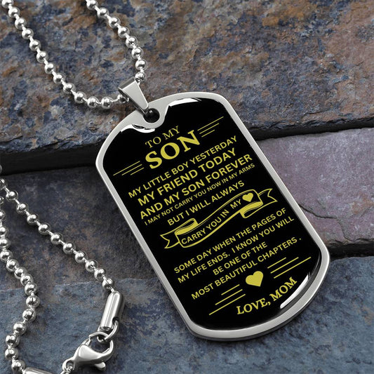 To My Son / Carry you in my Heart / Love, Mom / Military Dog Tag Necklace