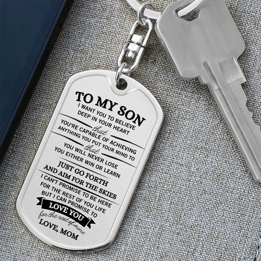 To My Son / Aim for the Skies / Love, Mom / Dog Tag Keychain