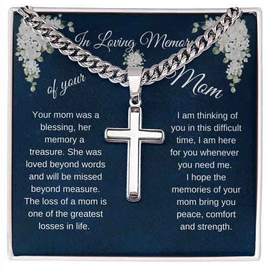 Sympathy/ In Loving Memory of your Mom / Personalized Steel Cross on Cuban Chain