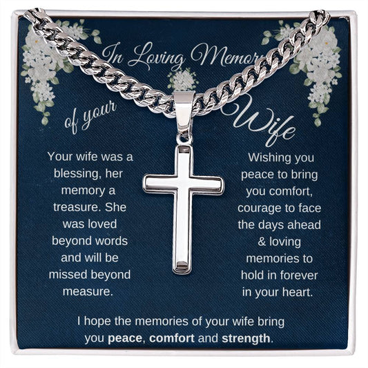 Sympathy / In Loving Memory of your Wife / Personalized Steel Cross on Cuban Chain