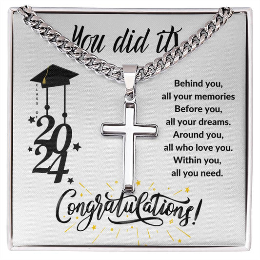 Graduation Gift for Him / Cuban Link Chain with Personalized Artisan Cross