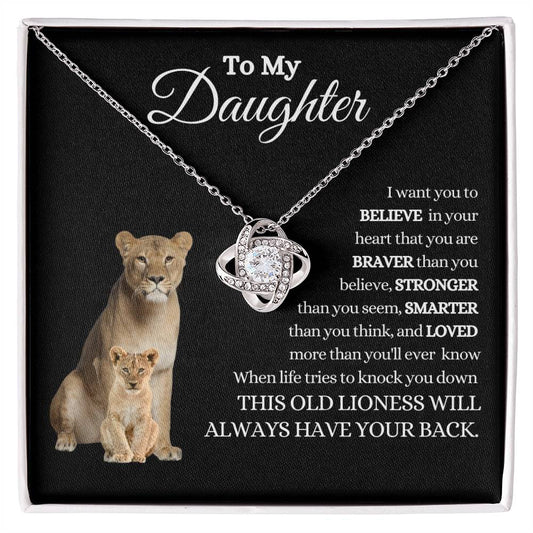 To My Daughter /This Old Lioness /Gift from Mom/ Love Knot Necklace / Personalized Message Card