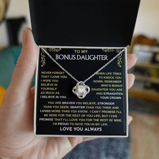 To My Bonus Daughter / Love Knot Necklace / Personalized Message Card