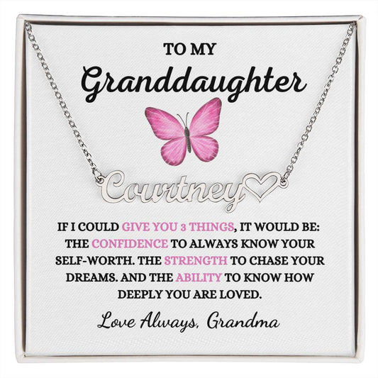 To My Granddaughter / Heart Name Necklace / Personalized Message Card