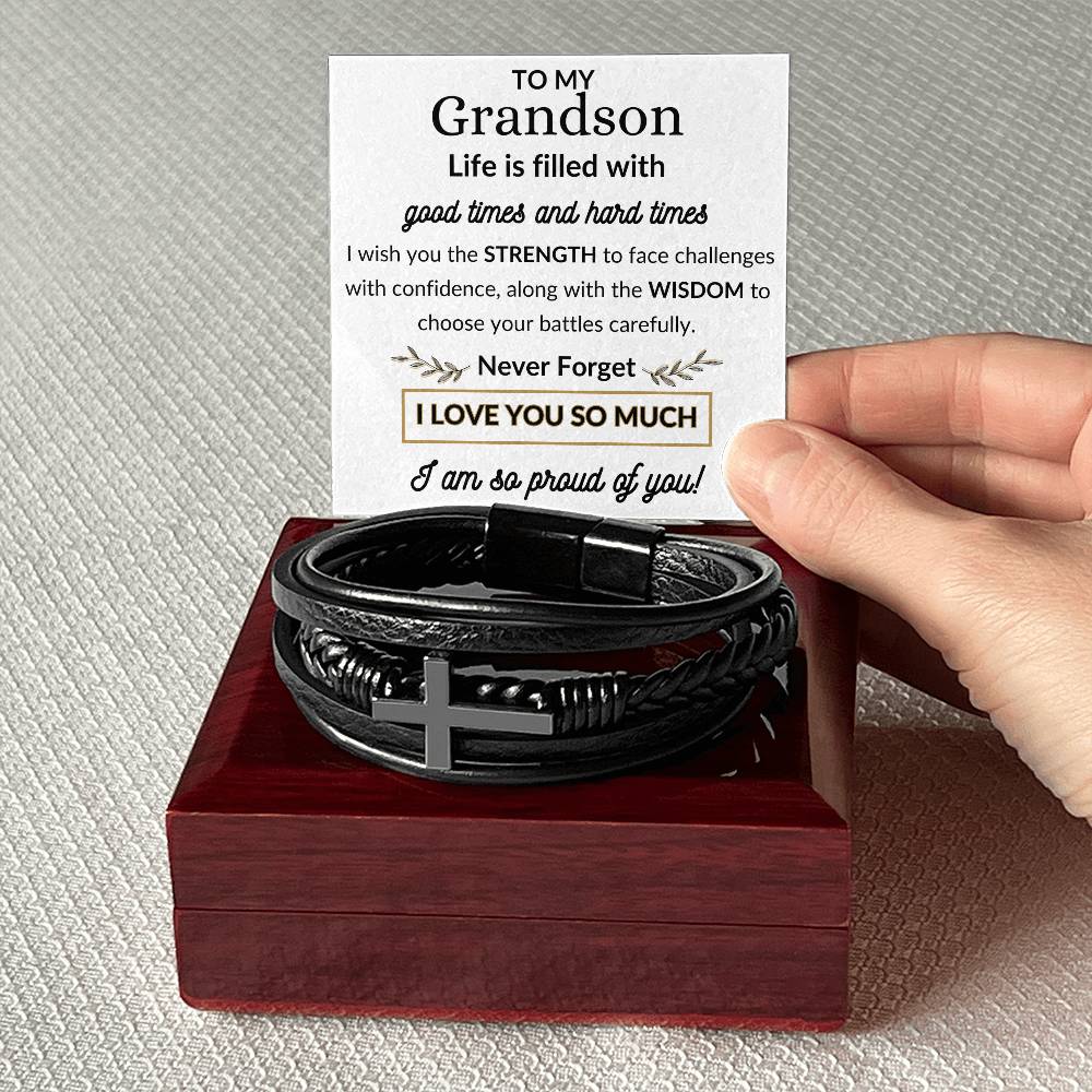 To My Grandson / Men's Cross Leather Bracelet