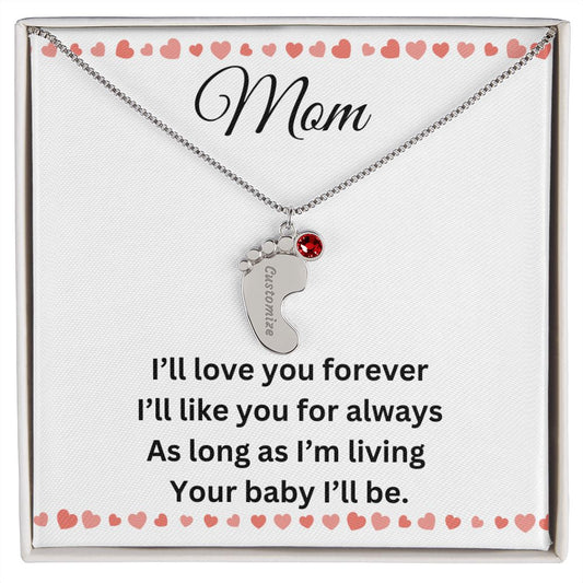 Mom Necklace / Engraved Baby Foot with Birthstone Necklace